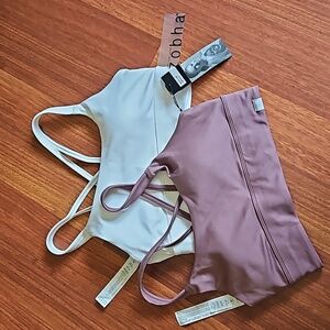 ZOBHA Strappy Lacey Crosscross Sports Bra {2-Pack} White & Rose Taupe Medium NWT